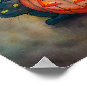 Halloween Pixie Elf en Zwarte Kat Fantasie Kunst Poster (Hoek)