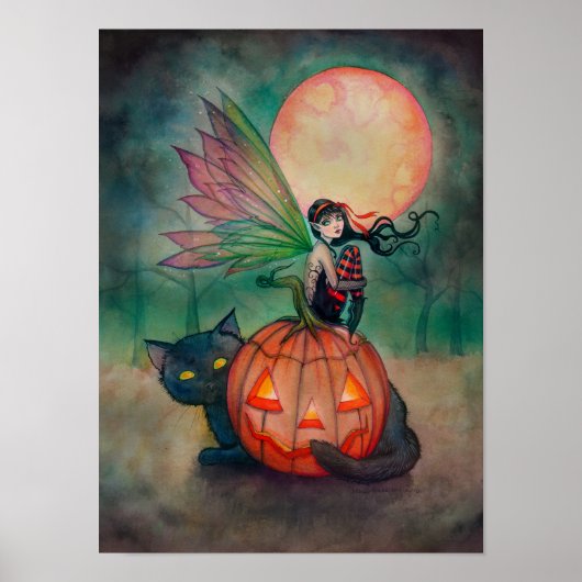 Halloween Pixie Elf en Zwarte Kat Fantasie Kunst Poster (Voorkant)