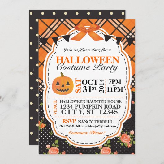 Halloween Plaid & Bloemen uitnodigen Kaart (Voorkant / Achterkant)