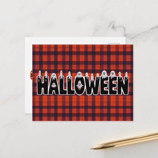 Halloween Plaid Ghost Lettering Briefkaart (Voorkant / Achterkant in situ)