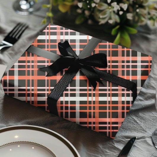 Halloween Plaid Pattern in Sinaasappel, Roze en Zw Cadeaupapier