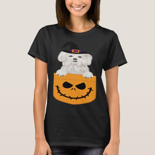 Halloween Pocket Maltese Scary Jack O Lantern T-shirt (Voorkant)