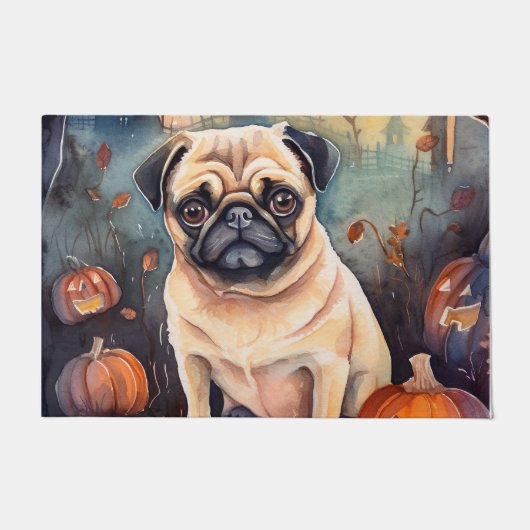 Halloween Poedel Met Pompoenen Eng Deurmat (Voorkant)