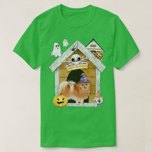 Halloween Pomeranian Dog Witch Haunted House T-shirt (Design voorkant)