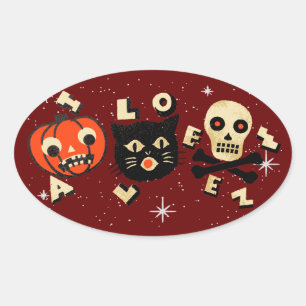 Halloween pomkin kattenschedel vintage ovale sticker
