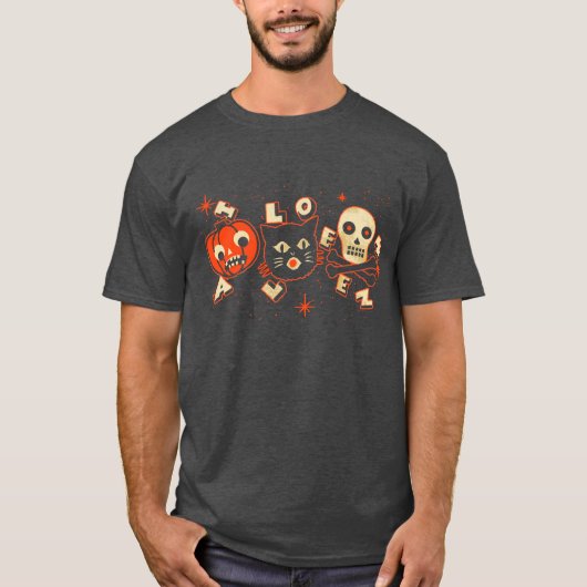 Halloween pomkin kattenschedel vintage t-shirt (Voorkant)