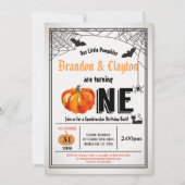 Halloween pomkin tweeling 1e verjaardag kaart (Voorkant)