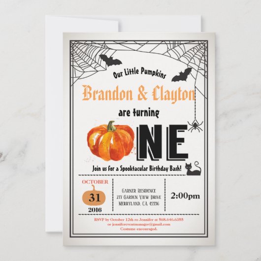 Halloween pomkin tweeling 1e verjaardag kaart (Voorkant)