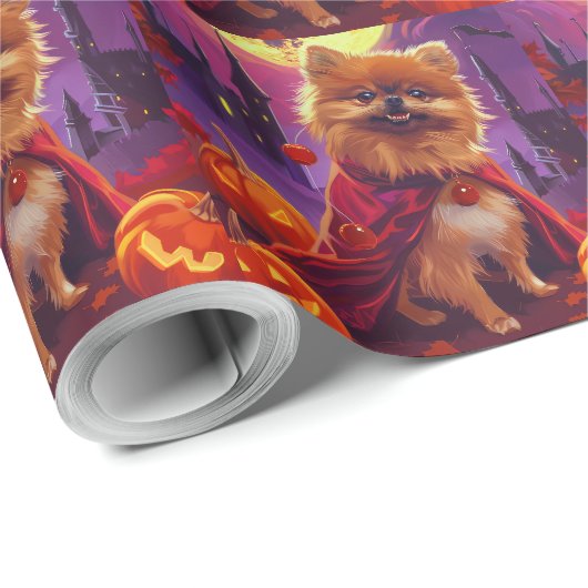 Halloween Pommeranian Vampire Pumpkins eng Cadeaupapier (Rol Hoek)