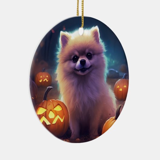 Halloween Pommeren met pompoenen eng Keramisch Ornament (Rechts)