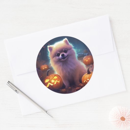 Halloween Pommeren met pompoenen eng Ronde Sticker (Envelop)