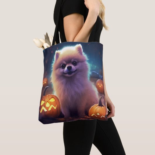 Halloween Pommeren met pompoenen eng Tote Bag (Dichtbij)