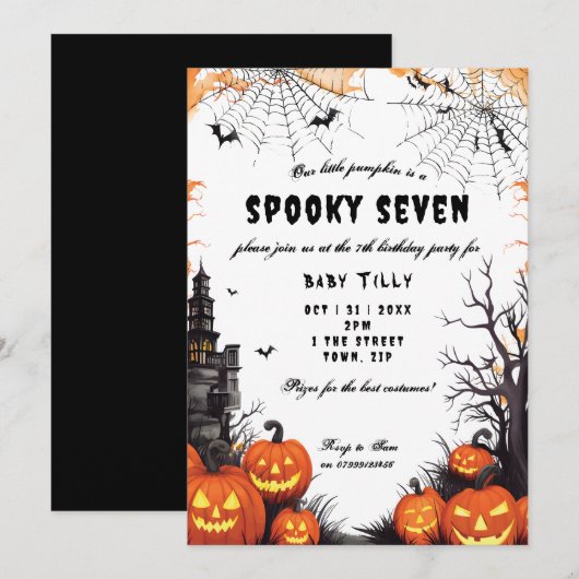 Halloween pompoen 7e verjaardagsfeest uitnodiging (Voorkant / Achterkant)