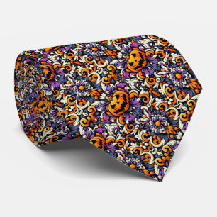 Halloween Pompoen Art Deco Bloemenpatroon Stropdas
