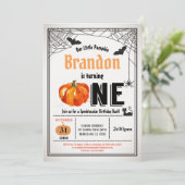 Halloween pompoen baby 1e verjaardagsfeestje kaart (Staand voorkant)