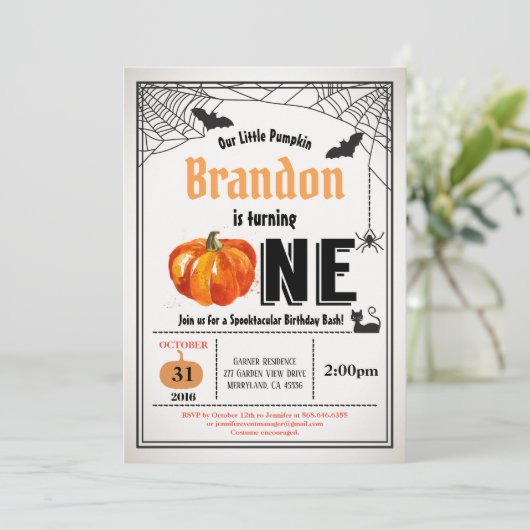 Halloween pompoen baby 1e verjaardagsfeestje kaart (Staand voorkant)