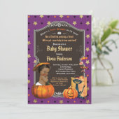 Halloween pompoen baby douche paars goud kaart (Staand voorkant)