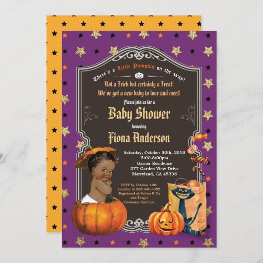 Halloween pompoen baby douche paars goud kaart (Voorkant / Achterkant)