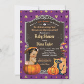 Halloween pompoen baby douche paars goud kaart (Voorkant)