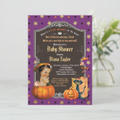 Halloween pompoen baby douche paars goud kaart (Staand voorkant)
