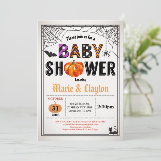 Halloween pompoen baby shower genderneutraal kaart (Staand voorkant)