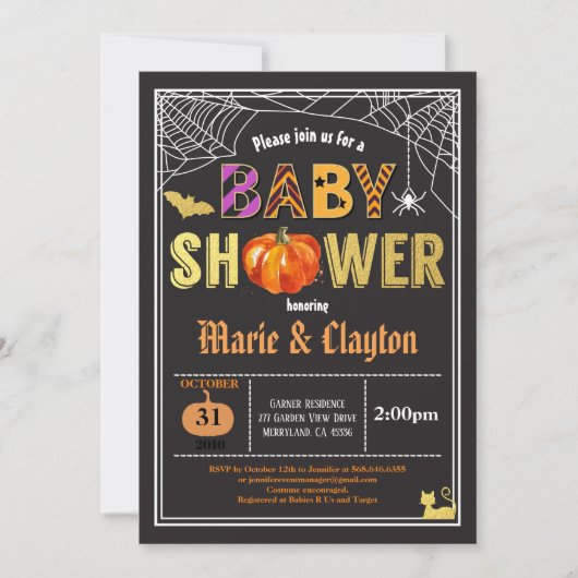 Halloween pompoen baby shower zwart-wit en goud kaart (Voorkant)