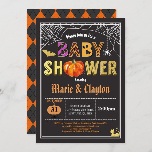 Halloween pompoen baby shower zwart-wit en goud kaart (Voorkant / Achterkant)