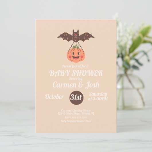Halloween  Pompoen Bat Retro Baby shower Kaart (Staand voorkant)