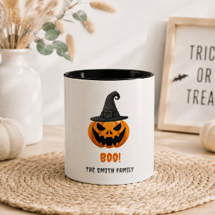 Halloween Pompoen “BOO!” – Persoonlijke Naam Tweekleurige Koffiemok