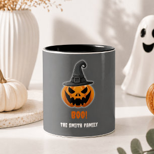 Halloween Pompoen “BOO!” – Persoonlijke Naam Tweekleurige Koffiemok