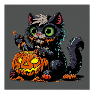 Halloween Pompoen Carving Cat Perfect Poster