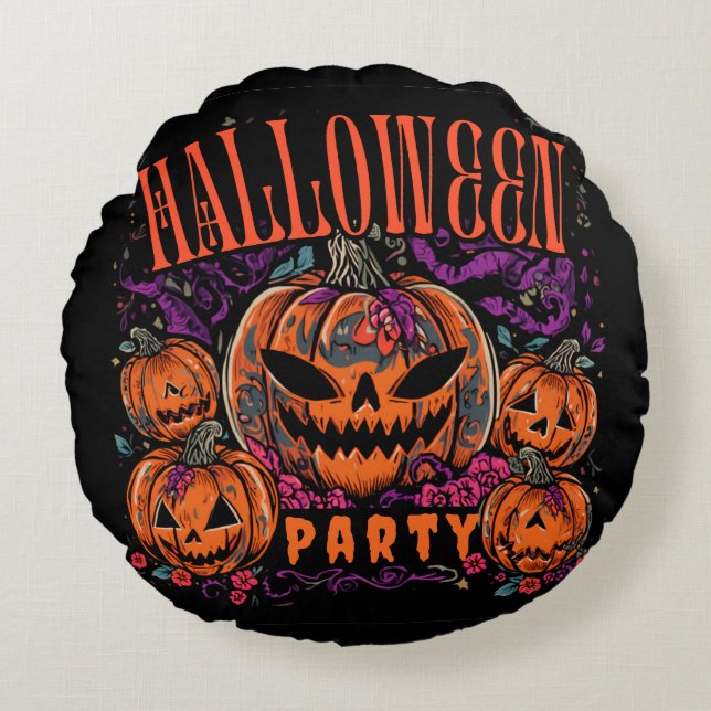 Halloween, Pompoen Coven Bloom, Gotisch Rond Kussen (Voorkant)