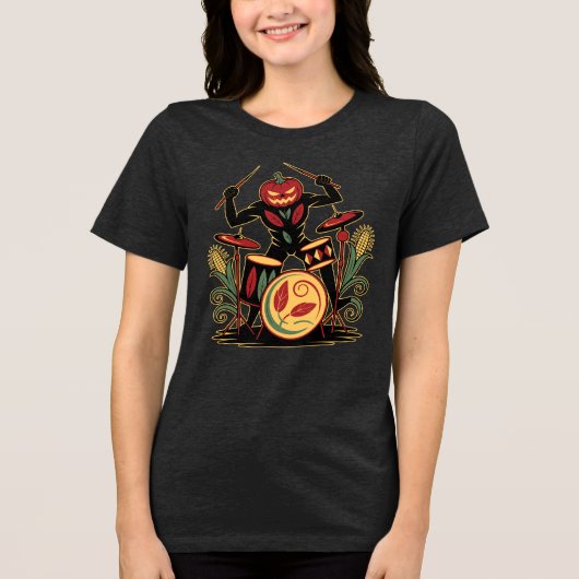 Halloween Pompoen Drummer Tri-Blend Shirt (Voorkant)