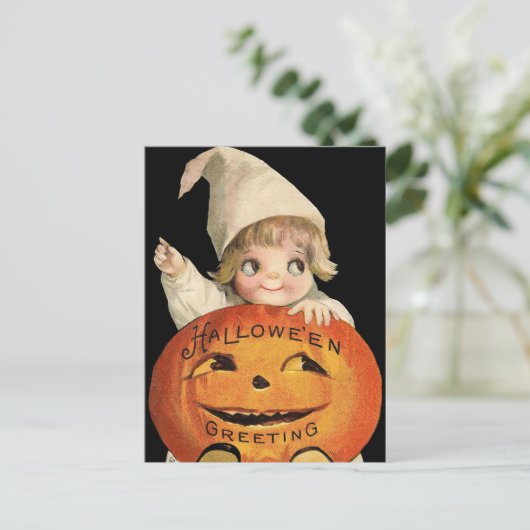  Halloween pompoen en kind briefkaart (Staand voorkant)