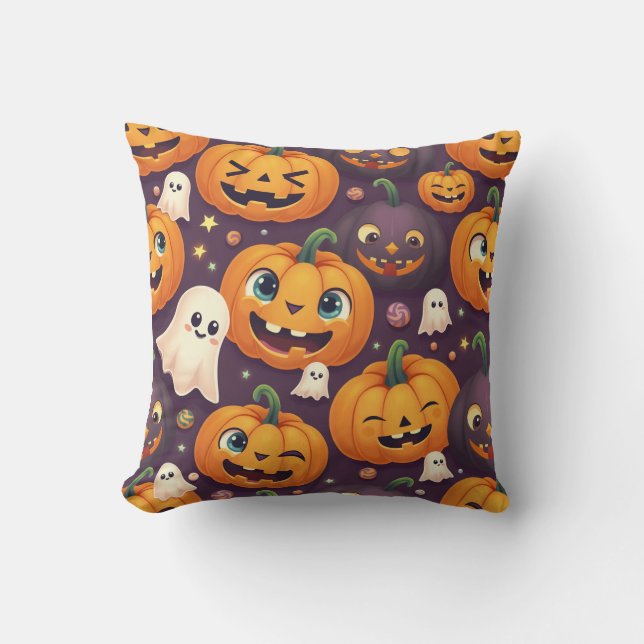 Halloween pompoen en leuke spookvrienden kussen (Voorkant)