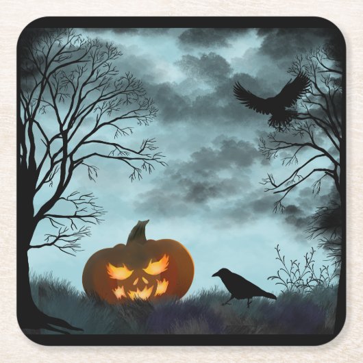 Halloween pompoen en raaf kartonnen onderzetters (Voorkant)