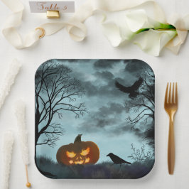 Halloween pompoen en raaf papieren bordje