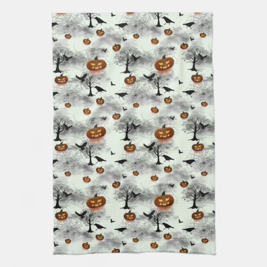 Halloween pompoen en raaf theedoek (Verticaal)