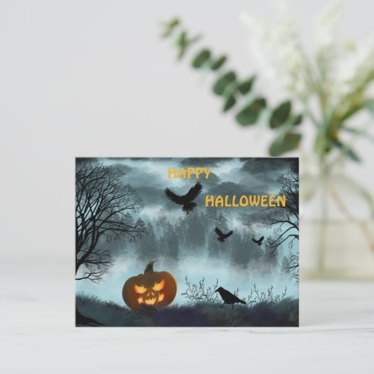 Halloween pompoen en raaf uitnodiging briefkaart (Staand voorkant)