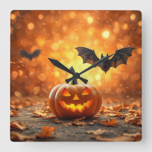 Halloween pompoen en vleermuis vierkante klok