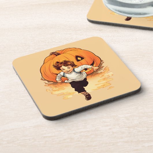 Halloween pompoen, gelukkig jong jongetje bier onderzetter (Linkerzijde)