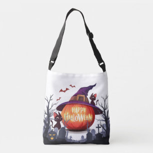 Halloween pompoen, heks Pet en zwarte katten Crossbody Tas