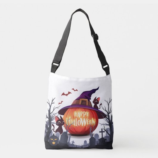 Halloween pompoen, heks Pet en zwarte katten Crossbody Tas (Voorkant)