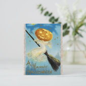  Halloween pompoen heksenbezem briefkaart (Staand voorkant)