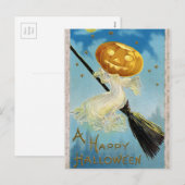  Halloween pompoen heksenbezem briefkaart (Voorkant / Achterkant)