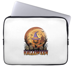 Halloween Pompoen Heksenhoed Zwarte Kat Volle Maan Laptop Sleeve