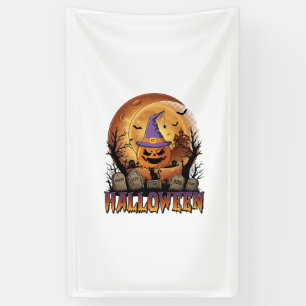 Halloween Pompoen Heksenhoed Zwarte Kat Volle Maan Spandoek
