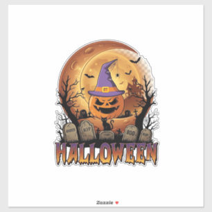 Halloween Pompoen Heksenhoed Zwarte Kat Volle Maan Sticker