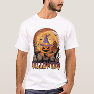 Halloween Pompoen Heksenhoed Zwarte Kat Volle Maan T-shirt