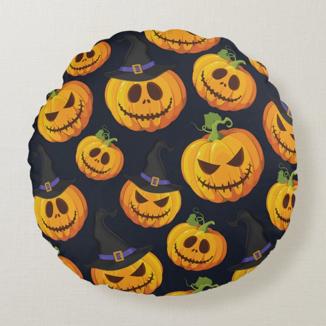 Halloween pompoen:  heksenpatroon rond kussen (Voorkant)